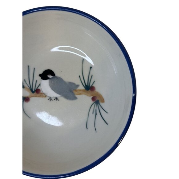 VTG Hartstone Hand Painted Chickadee And Pine Blue Rim Soup Cereal Bowl Signed - Picture 3 of 7